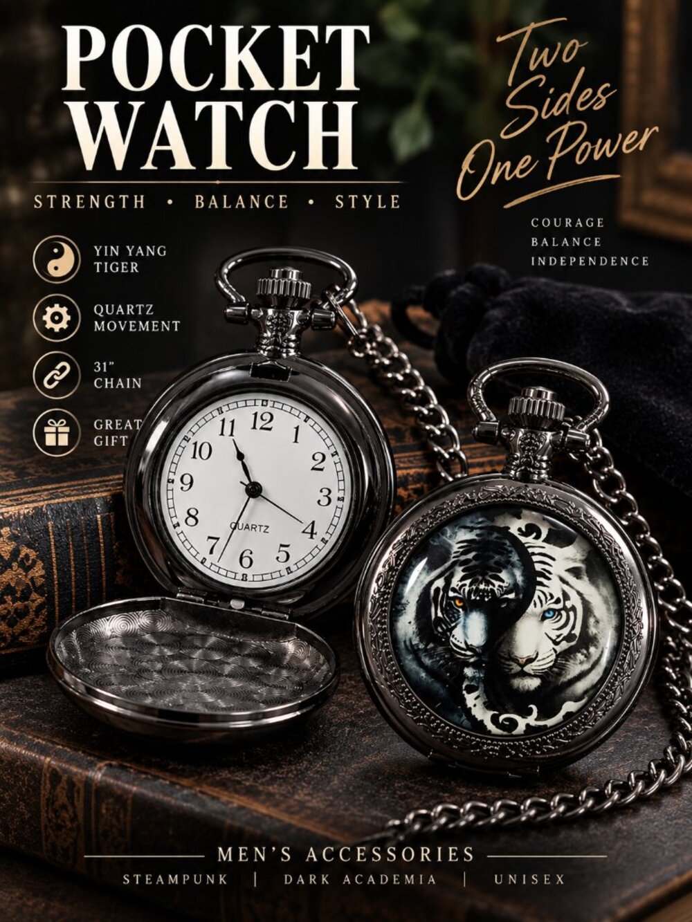 Tiger Pocket Watch Mens Quartz Yin Yang Gunmetal Steampunk 31" Chain Gift